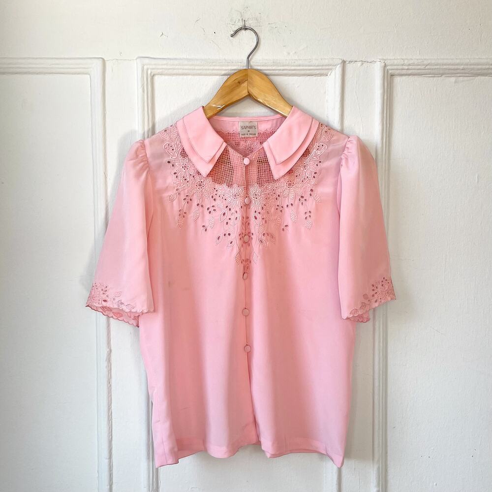 Vintage Silk Embroidered Blouse Pajama Top M Thailand Open Work Short Sleeve